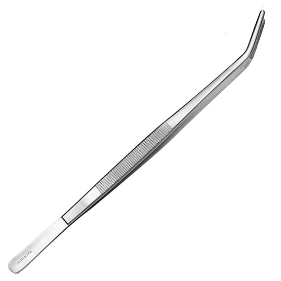 May - Kochpinzette - Küchenpinzette - Wendepinzette - Grillzange - 30 cm lang - gebogene und geriefte Spitze - Edelstahl rost