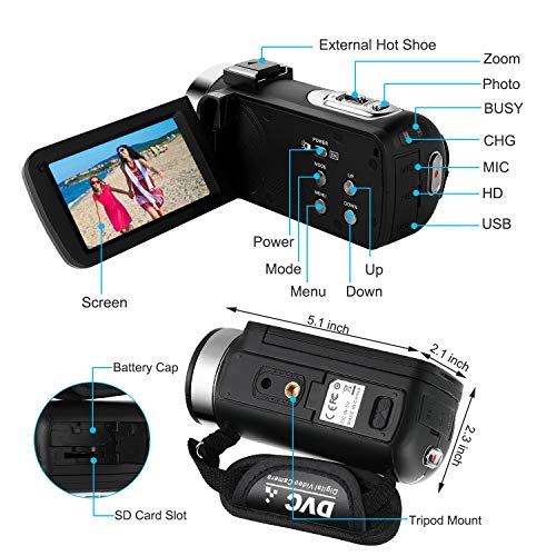 RICH AV-01 Video Camera Camcorder, UPSTONE Digital Vlog Camera for YouTube Full HD 1080P Camcorder 30FPS 24.0MP 16X Digital Zoom with 2 Batteries and Remote Control