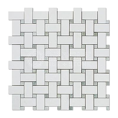 Thassos White Greek Marble Basketweave Mosaic Tile with Green Marble Dots, Honed