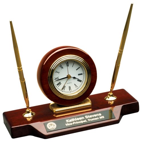 Personalized 9 x 4 3/4 Piano Finish Desk Clock on Base with 2 Pens- BRAND NEW