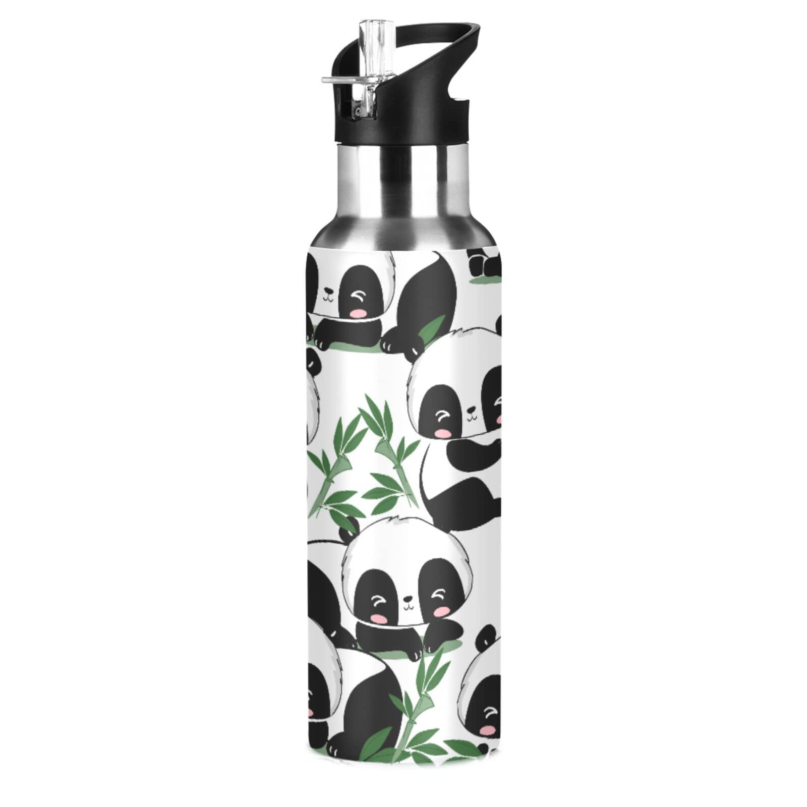 Panda Bamboo Leaves Bear Water Bottle Drink Flask with Straw Lid Insulated Stainless Steel Thermos Bottle for Boys Girls Gym Sports Leakproof 600 ml