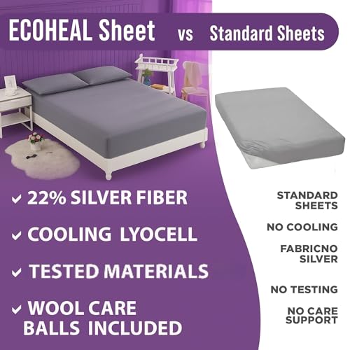 EcoHeal Luxury Lyocell Grounding Sheets King 22% Silver Fiber, 74% Cooling Lyocell, 4% Silk, Quality Certified - Conductive Earth Fitted Sheet 15" Deep w/Wash Bag & Wool Dryer Balls, Beige