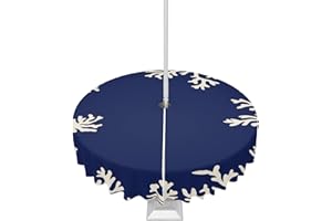 LBCASA Outdoor Tablecloth with Umbrella Hole and Zipper, Coral Navy Blue Waterproof Table Cloth for Patio/Party/Picnic, Ocean Theme Nautical Coastal Marine Table Cover, 54 Inch Round