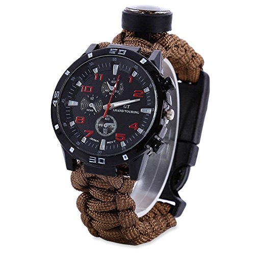 Yan's 7 in 1 Paracord Bracelet Watch with 3.6 meters Paracord Rope, Compass, Thermometer, Whistle, Rope Cutter, Fire Starter Scraper, Flint (Brown)