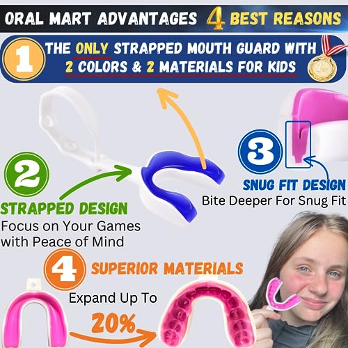 Oral Mart Strapped Youth Mouth Guard for Kids (White/Blue) Sports