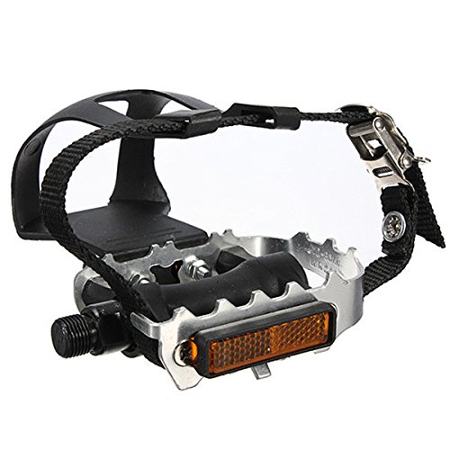 1 Pairs Alloy Cycling Fixie Road Mountain Bike Bicycle Pedals + Toe Clips + Straps Black