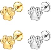 2 pairs Cute Paw Dog Cat Print Screw Flat Back Small Stud Earrings for Women Teen Simple Stainless Steel Silver Gold Plated Animal Cartilage Tragus Piercing Little Studs Hypoallergenic Fashion Jewelry Birthday Gift