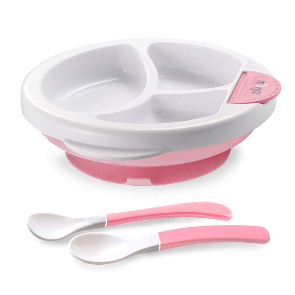 Matyz Baby Feeding Suction Warm Plate with Draining and Drying Design - Stay Put Divided Plate for Kids - Toddler Plate with Spoons - Microwave & Dishwasher Safe (Pink)