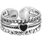 Black CZ Heart Ring for Mom Women Silver Plated Statement Expandable Open Bands Infinity Love Rings Vintage Jewelry Dainty Anniversary Christmas Valentines Gift