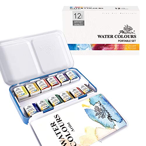 PHOENIX Artist Grade Watercolor Paint Set Half Pan 12 Colors Non