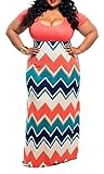 Women Stripe Print Empire Waist Short Sleeve Beach Long Maxi Chevron Dress 4XL