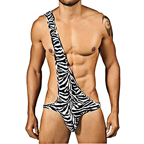 TIAOBU Mens Stretchy Zebra Striped Lingerie Thong Mankini Bodysuit Underwear