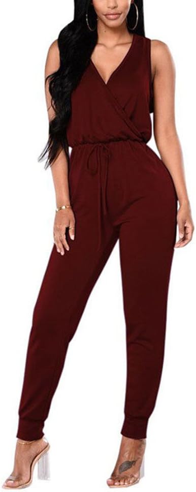 Women's Sleeveless Romper V Neck Long Casual Jumpsuits Playsuits Outfits with Belt