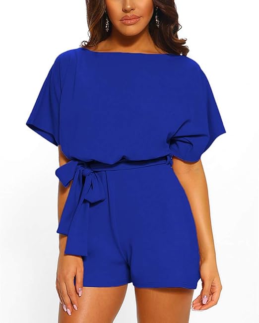 Jumpsuit für Damen, mit Gürtel, kurze Ärmel, Rundhalsausschnitt, weites