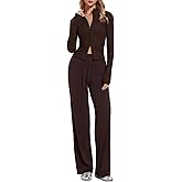 Women's 2 Piece Sets Double Zip Up Top Long Sleeve & Wide Leg Pant Lounge 2025 Fall Tracksuit Casual Sweatsuit Travel Outfit