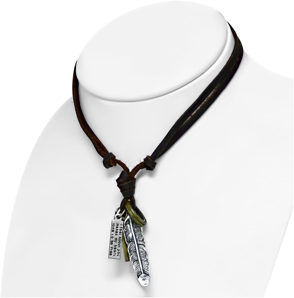 Fashion Alloy 3-Tone Antique Vintage Bird Feather/ Leaf Skull Cross Ring Tag Charm Adjustable Brown Genuine Leather Biker Necklace