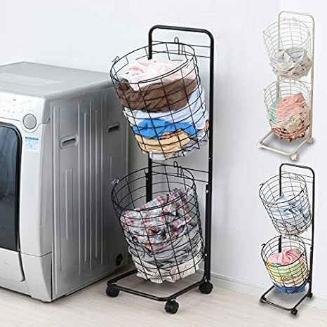 Amazon ランドリーバスケット 洗濯かご 2段 キャスター付きランドリーラック かご リーボッ脱衣かご 洗濯物入れ おしゃれ シンプル ブラック かご バスケット オンライン通販