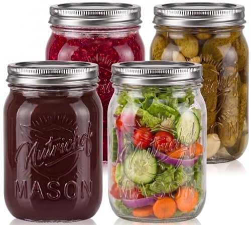 NutriChef 4-Pack 16 oz Mason Jars with Lids - Thick Glass Canning Jars with Sta…