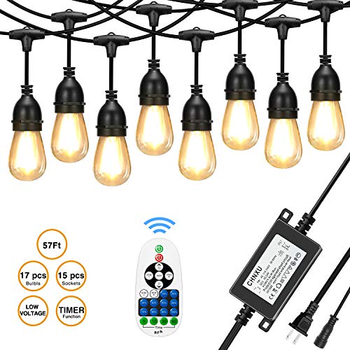 CHNXU [Upgraded] 57ft LED Outdoor String Lights Waterproof with DC 24V Low Voltage Transformer and Remote Control Dimmer,15+2spare LED Hanging Vintage Bulbs for Decorative Patio Backyard – Warm White