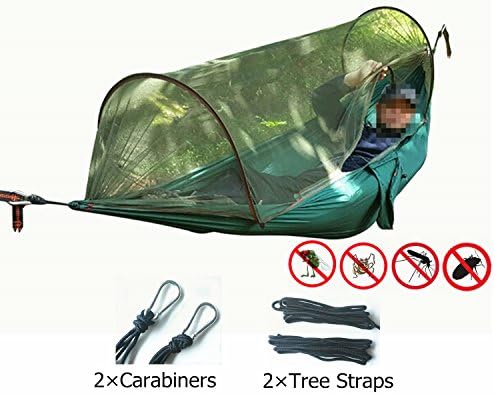 TOMTU Lightweight &amp; Portable Nylon Camping Hammock, Simple Tent, 70D Parachute Double Hammock with Mosquito &amp; Bugs Net, 2 Tree Straps – 440lbs Great for Indoor Travel Adventure Hiking Beach Yard Green