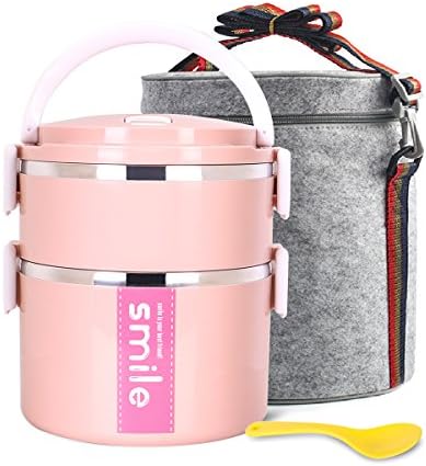 Cute Lunch Box Insulated Lunch Bag Bento Box Food Container Storage Boxes With Spoon For Kids Children Adults Office School Camping,pink 2-tier