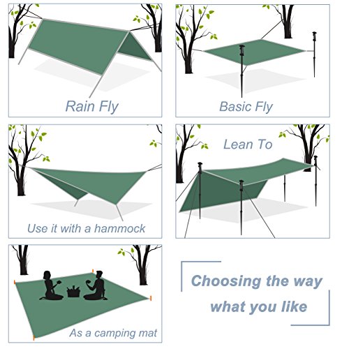 YZtree Tarp Tent ,10x10ft Waterproof Fly Tent Tarp Ripstop Nylon Camping Camping Shelter with 170" Centerline for Camping, Hiking, Backpacking, Hammock, and Outdoor Living - Thumbnail 7