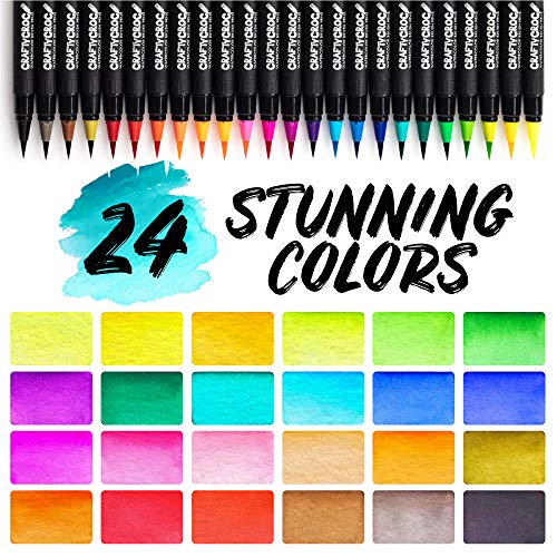 Crafty-Croc-Watercolor-Paint-Brush-Pens-Set-of-24-Vibrant-Water-Color-Brush-Markers-with-Real-Nylon-Tips-for-Watercolor-Painting-and-Hand-Lettering-Includes-Travel-Case-and-2-Water-Blending-Brushes