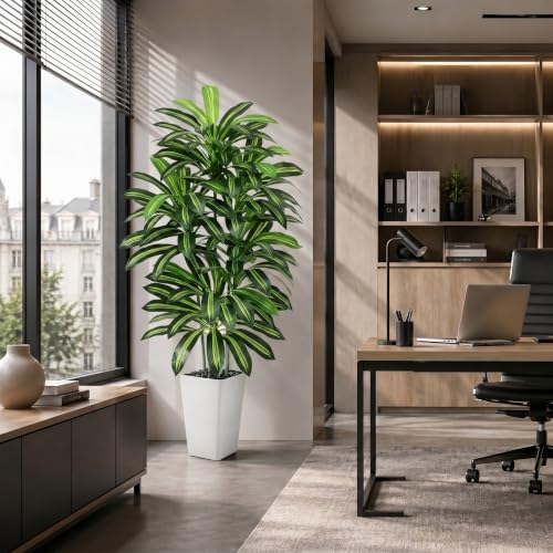 FSOHOI Artificial Dracaena Tree 6FT Artificial Plants Indoor Tall Fake Plants Faux Tree with White Tall Planter Fake Tropical Yucca Floor Plant for Home Office Living Room Decor Outdoor
