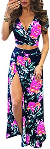 Women's Floral Print Split 2 Piece Crop Top Maxi Skirt Set Bandage Clubwear Dress X-Large Multicoloured1