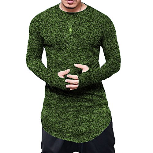 Men Long Sleeves Thumb Hole Slim Fit Blouse SWAG Hipster T Shirt O Neck Curved Hem (L, Green)