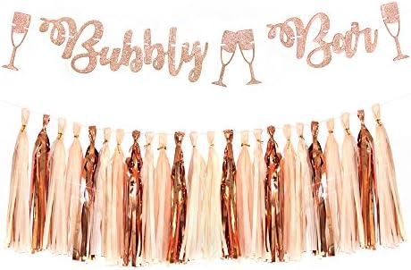 Glitter Rose Gold Bubbly Bar Mimosa Bar Banner Sign Tassel Garland for Bachelorette Bridal Shower Engagement Party Decor Wedding Bar Banner Wedding Party Supplies