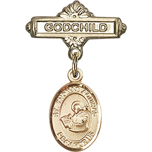 14kt Yellow Gold Baby Badge with St. Thomas Aquinas Charm and Godchild Badge Pin 1 X 5/8 inches
