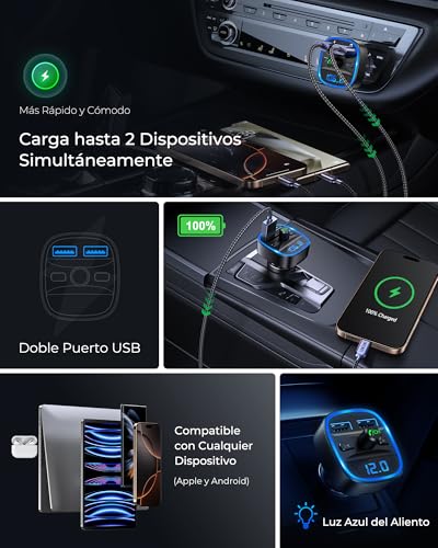 LENCENT Transmisor FM Bluetooth para Auto, Reproductor Música para Carro, Adaptador Bluetooth Coche con Dual USB 5V/2.4A&1A, Soporta Tarjetas SD, Memoria USB, Llamadas Manos Libres, Asistente de Voz