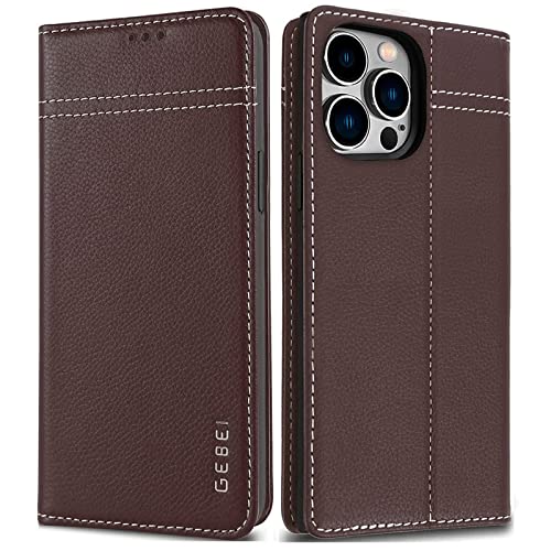 Gebei Hülle Echt Leder für iPhone 13 Pro (6,1") - Premium Echte Lederhülle mit Standfunktion Kartenfach Magnetverschluss Flip Case Ledertasche Handyhü