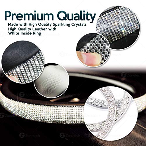 Zadin New Diamond Leather Steering Wheel Cover with Bling Bling Crystal Rhinestones, Universal Fit 15 Inch Anti-Slip Wheel Protector for Women Girls,Black - Thumbnail 2