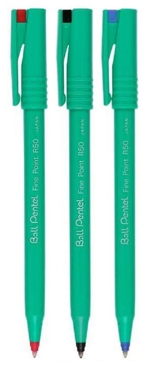 Pentel R50 Ballpoint Pen - 0.4mm - 77% Recycled - Black, Blue, Red - Pack of 3