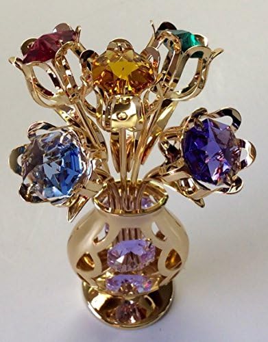 24K gold Plated 5 Flowers In Vase Free Standing With Mixed Studded Crystals