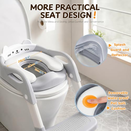 Adaptador Wc Niños - Reductor Wc Niños - Pedal Ampliado y Antideslizante | Fácil de Montar y Guardar | Altura Ajustable | Protector Antisalpicaduras | Asa | para Niños Niñas en el Baño - Gris