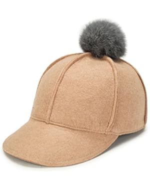 Women Solid Color Wool Felt Peaked Pom Pom Equestrian Baseball cap