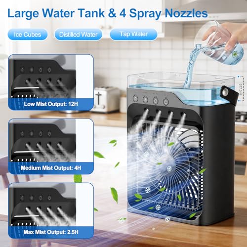 Portable air Conditioners, Personal Cooling Fan with 120° Oscillation, 3 Wind Speed & 4 Sprays, 2/4/6/8H Timer, Multi-Color Light, 3 in 1 Desktop Mini AC Unit for Car, Bedroom and Camping(Black)
