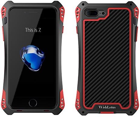 iPhone 7 Case, WishLotus Shockproof Drop Proof Water Resistant Carbon Fiber Zinc Magnesium Alloy Metal Gorilla Glass Heavy Duty Armor Protection Case Cover for Apple iPhone 7 (Black+Red)