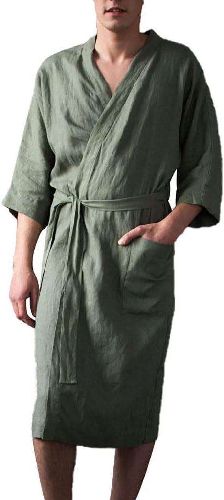 Men Pajama Robe Cotton Linen Kaftan Lightweight Sleepwear Bathrobe Kimono Summer Bathrobe