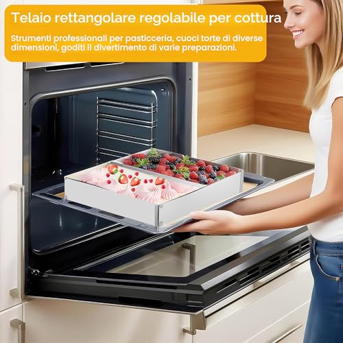 Zocipro Stampo Rettangolare Torta, Alta 5 cm, 27 x 18 cm, Estensibile Fino a 52 x 33 cm, Anello per Torte Regolabile Rettangolare Tortiera da Forno in Acciaio Inox per Torte Crostate Pizze
