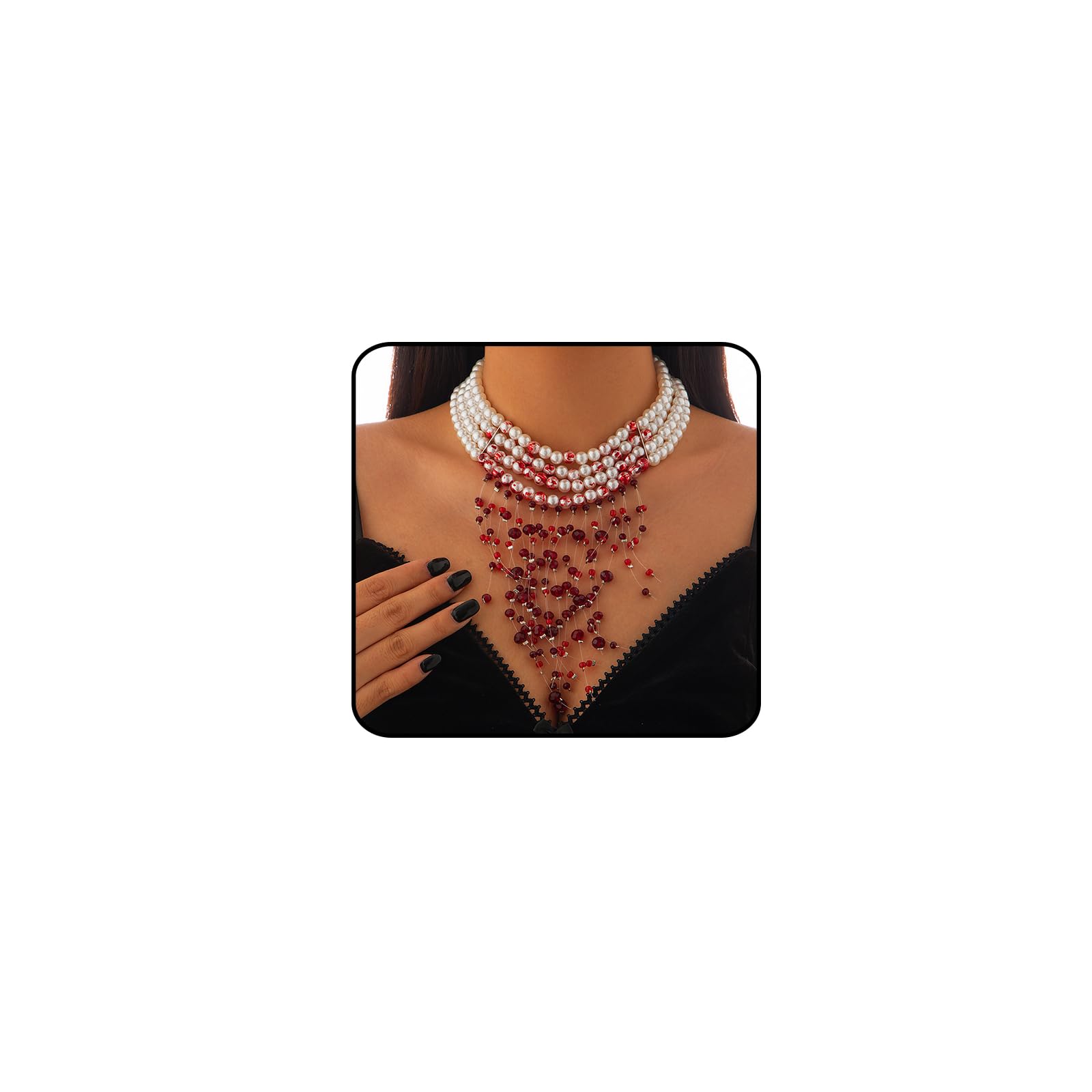 Photo 1 of QLYOVWE Halloween Vampire Blood Necklace for Women Imitation Fake Blood Red Pearl Choker Necklace Gothic Dripping Blood Pearl Necklace Goth Bloody Halloween Party Costume Jewelry (Pearl E)