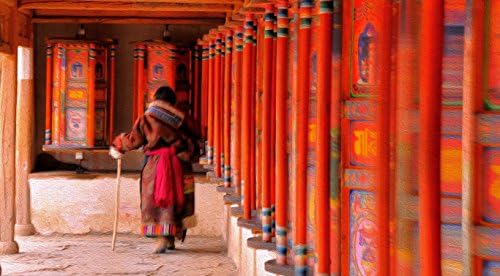 Oil painting effect photography Tibetan elderly with prayer wheels
