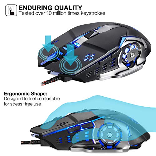 VEGCOO C15 Laser Gaming Mouse, Ergonomic 9200 DPI High Precision USB Wired Optical Mouse Mice with 6 Programmable Buttons 4 Color Cycle Breathing for Laptop PC Computer Games and Office (C15 Black)