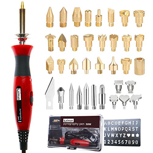Caiman Wood Burning Kit 38 Pcs,WoodBurning Pyrography Pen 15-30W Power Adjustable Temperature With Soldering Iron, Stand and Portable Carry Case