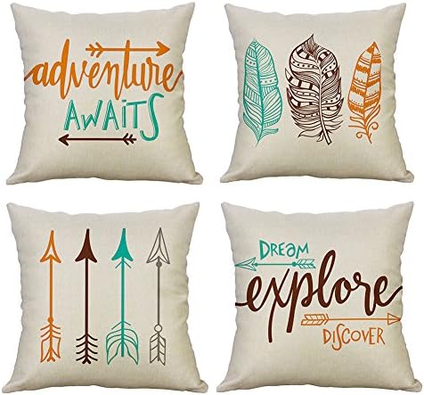 Heyhousenny Decorative Throw Pillow Covers Cushion Covers Square Outdoor Pillowcase for Sofa Home Set of 4 (Feather, Arrow, Adventure Awaits)