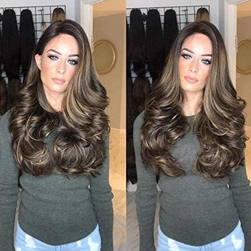 FyyzYG European and American black wigs in the bangs female long curly hair wig set brown highlights gold long curly hair set