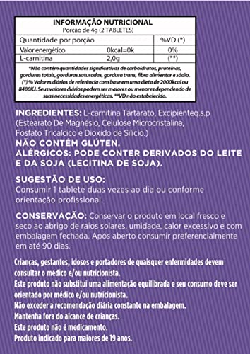 Vitaminar L-Carnitina 2000mg Vegano 120g 60 Tabletes Suplemento Nutricional